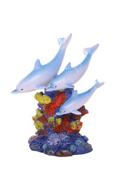 Fototapeta premium Three dolphins swimming near colorful coral over white