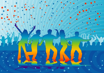 Silhouettes dancing man and women on party, vector