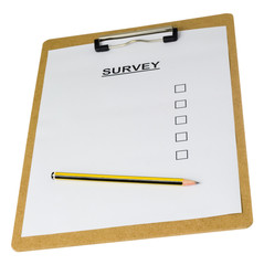 Empty survey form on a clipboard isolated on white background..