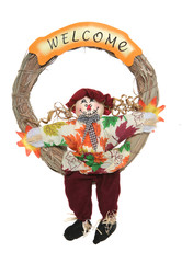 A colorful Thanksgiving wreath isolated over white