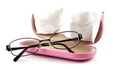 glasses in a open pink glassesetui