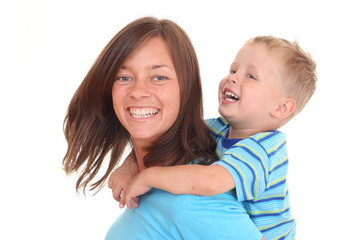 mother and son - happy together - isolated on white