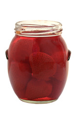 Red Strawberry Preserve in a Glass Jar; over white.