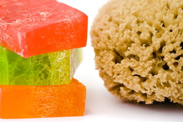 Handmad-soap with inkluding bast and sponge closeup