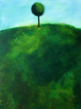 This is an abstract painting of a tree on a hill.