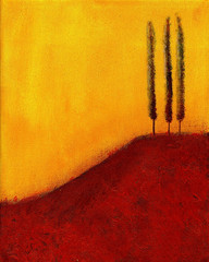 This is an abstract painting of trees on a hill.
