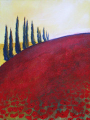 Panele Szklane Podświetlane  To jest abstrakcyjny obraz drzew na wzgórzu.
