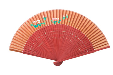 A red Asian fan wit a flower pattern, isolated on white.