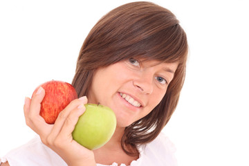 young beautiful woman with fresh apples isolated on white