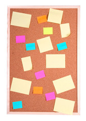 board with blank papers, cards , pins and post-it