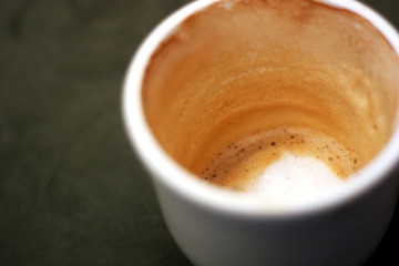 Empty cappuccino cup sits on the counter.