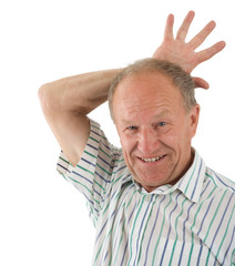 Fototapeta premium Aged man fooling about. White background