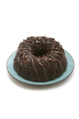 Delicious chocolate cake on white background