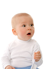 the small amazed boy on white background