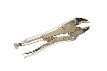 A well used pair of locking pliers on a white background