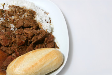 shot of a plate of stew with bread and rice on white