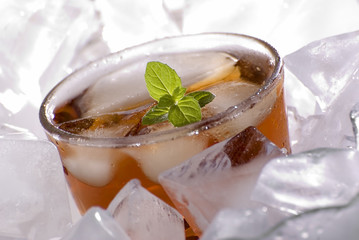 cold fresh ice tea with mint close up