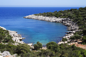 Fototapeta na wymiar sunny day on a rocky coastline with azure sea water .