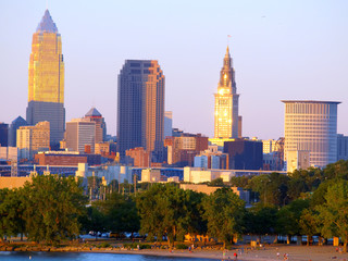 Fototapeta na wymiar Close-up view of downtown Cleveland, Ohio, at sunset