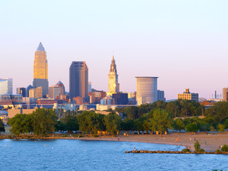Cleveland, Ohio, lit by the setting sun, with beach