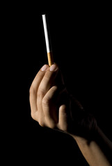 Unfired cigar in the hand isolated on black background