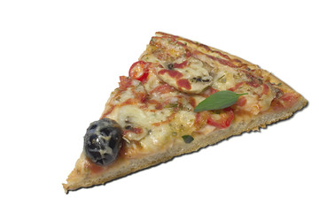 Pizza slice in white background.