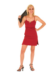 Blond businesswoman in red dress with black leather folder