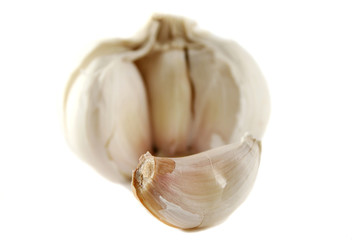 Fresh garlic with a clove taken out.