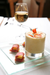 Food, Soup-cream with Prawn and Meat with Peach