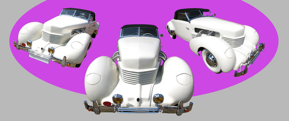 Vintage, Exotic White Car 1937 on Gray-Mauve background
