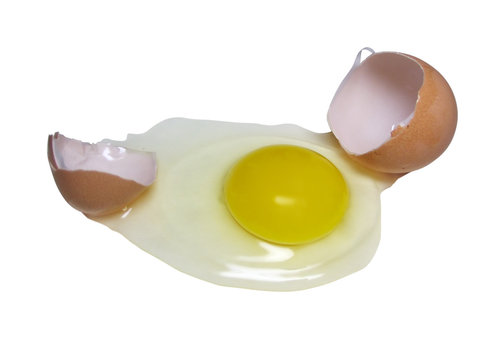 One egg cracked open on white background