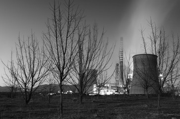 B&W picture of a power plant with dead nature around it