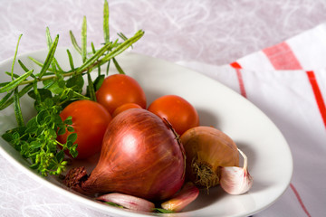 tomaten, zwiebeln, kräuter, knoblauchzehen in schüssel
