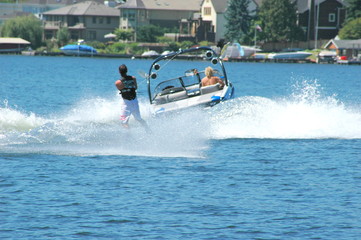 Man waterskiing on the lake.