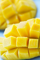 A closeup shot of ripe and juicy mangoes