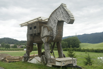 Wooden horse of Troje to hide people - obrazy, fototapety, plakaty