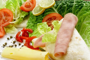 grilled chicken and vegetables wrapped in a whole wheat tortilla