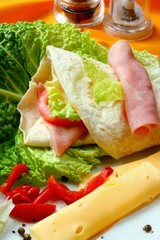 grilled chicken and vegetables wrapped in a whole wheat tortilla