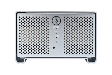 External hard drive isolated on white background. Front view