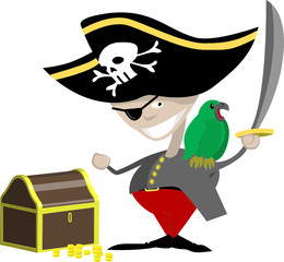 A pirate with a parrot and chest of treasure
