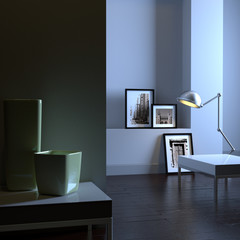 Interior of home with chrome lamp (dawn)