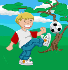 A young boy happily playing soccer