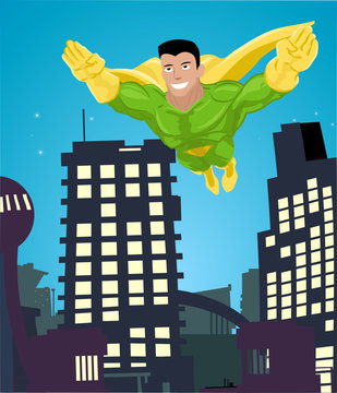 super hero flying over a city