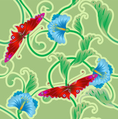 Butterfly and flower oriental tileable seamless background. 