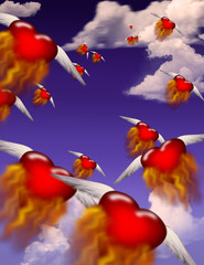 Obraz na płótnie Canvas Winged burning hearts fly toward an unknown destination