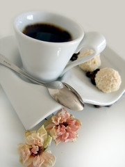 Cup of coffee with sweets and dry flowers