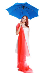 The girl and a dark blue umbrella