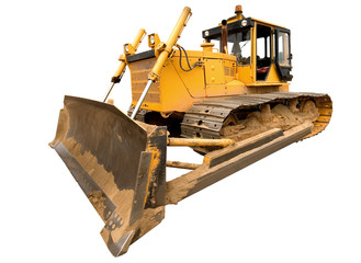 The heavy dirty building bulldozer of yellow color - obrazy, fototapety, plakaty