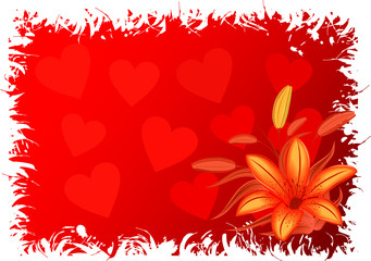 Valentines grunge background with hearts & flowers, vector