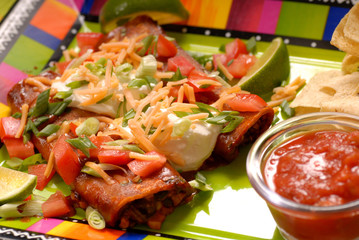 Enchiladas with tortilla chips and salsa